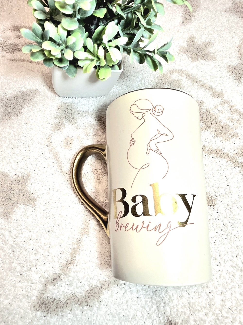Gold Handle 'Baby Brewing' Ceramic Mug - Cream/Gold